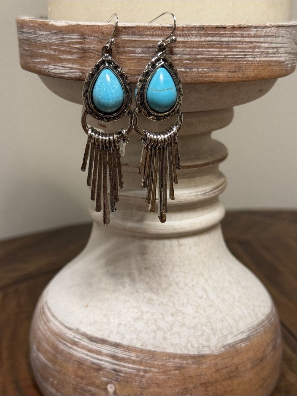 Faux Turquoise Teardrop Fringe Earrings - Silver Tone Women’s Jewelry
